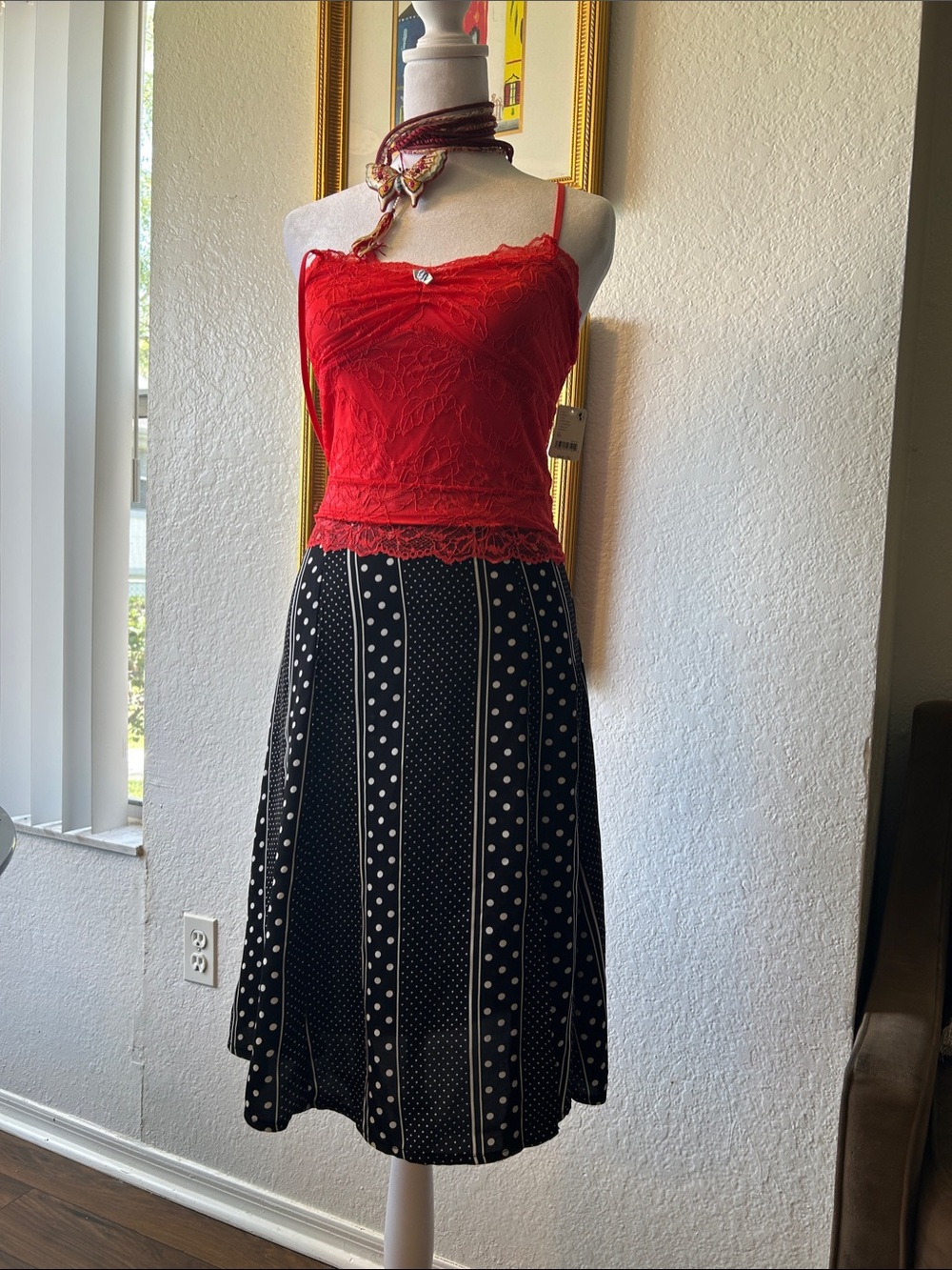 NASTY GIRL Black Polka Dot A-Line Skirt with Front Slit SZ 4